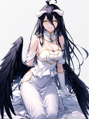 score_9,score_8_up,score_7_up,score_6_up, masterpiece, best quality
,//Character, 
1girl, solo,albedo \(overlord\), long hair, black hair, hair between eyes, yellow eyes, horns, ahoge, black wings, feathered wings, low wings
,//Fashion, 
white gloves, white dress, bare shoulders, detached collar, cleavage, slit pupils
,//Background, white_background
,//Others,
kneeling, tearful