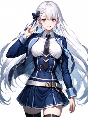 score_9,score_8_up,score_7_up,score_6_up, masterpiece, best quality
,//Character, 
1girl, solo,RiseliaRayCrystalia, very long hair, white hair, braid, blue eyes, medium breasts
,//Fashion, 
earrings, hair bow, long sleeves, white shirt, collared shirt, black necktie, blue jacket, blue skirt, pleated skirt, black thighhighs, belt
,//Background, white_background
,//Others,
(making a V sign), smile,Expressiveh