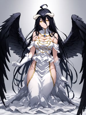 masterpiece, best quality, highres
,//Character, 
1girl, solo,albedo \(overlord\), long hair, black hair, hair between eyes, yellow eyes, horns, ahoge, black wings, feathered wings, low wings
,//Fashion, 
white gloves, white dress, bare shoulders, detached collar, cleavage, slit pupils
,//Background, 
,//Others, ,Expressiveh, 
A young priestess kneeling before a dark altar, surrounded by ominous statues and flickering candles.