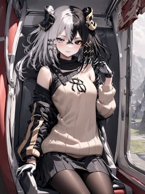 //Quality,
masterpiece, best quality, detailed
,//Character,
,Antilene_Heran_Fouche \(overlord\), 1girl, solo, black eyes, grey eyes, heterochromia, two-tone hair,  hair between eyes, bangs
,//Fashion,
hair ornament, long sleeves, bare shoulder, gloves, sweater, skirt, pantyhose
,//Background,
View the scenery from the carriage window
,//Others,
sitting