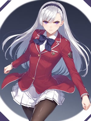 score_9,score_8_up,score_7_up,score_6_up, masterpiece, best quality, 8k, 8k UHD, ultra-high resolution, ultra-high definition, highres
,//Character, 
1girl, solo, long hair, white hair, purple eyes
,//Fashion, 
school uniform, red jacket, pantyhose, pleated skirt, hairband
,//Background, white_background
,//Others, ,Expressiveh,
fighting stance, dynamic pose