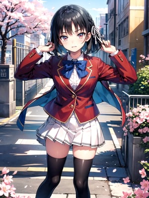 //Quality,
(masterpiece), (best quality), 8k illustration
,//Character,
1girl, solo
,//Fashion,
,//Background,
school gate, cherry blossoms
,//Others,
,aasuzune, short hair, black hair, (single braid:1.2), hair ribbon, red jacket, blazer, blue bowtie, long sleeves, white skirt, black thighhighs, happy tears, smile