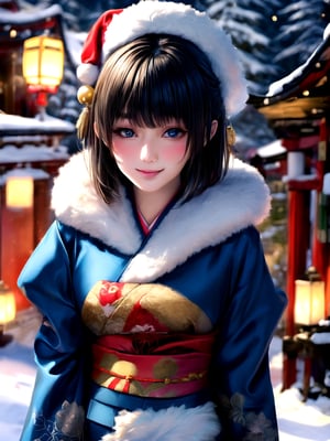 Warm lighting, beautiful Japanese girl, detailed face, shy smile, dark eyes, short bobbed hair, gorgeous hair ornament, details (dark blue silk brocade kimono), Kyoto, outdoors, winter, snow, full-length portrait, realistic ,Japanese girl, Santa Claus, Christmas, young girl, background slightly blurred,