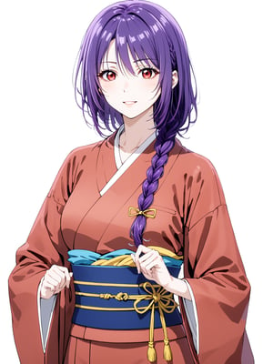 masterpiece, best quality, highres
,//Character, 
1girl, solo
,//Fashion, 
,//Background, white background
,//Others, ,Expressiveh, 
,AobaYuzuki, long hair, purple hair, single braid, red eyes, hair ribbon, yellow ribbon, hair over shoulder, red kimono, long sleeves, obi