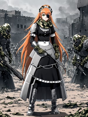 //Quality,
masterpiece, best quality, detailed
,//Character,
,cz2128_delta \(overlord\), 1girl, solo, long hair, green eyes, orange hair, eyepatch, expressionless
,//Fashion,
maid, maid headdress, camouflage, green scarf, gloves, dress, boots, armor
,//Background,
battle ground
,//Others,
holding gun