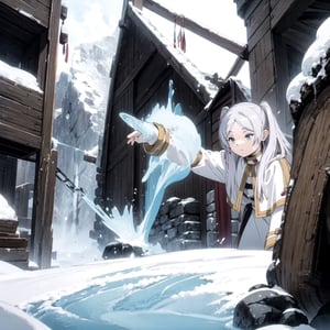 1Girl, battles with hamsters, snowy mountains, Frieren who unleash attack magic, Frieren