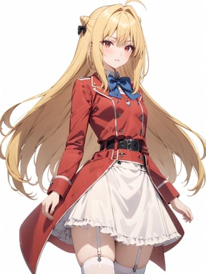 //Quality, masterpiece, best quality, detailmaster2, 8k, 8k UHD, ultra detailed, ultra-high resolution, ultra-high definition, highres, 
//Character, 1girl, solo,Terakomari, long hair, blonde hair, red eyes, ahoge, 
//Fashion, red coat, belt buckle, blue bowtie, long sleeves, white skirt, bow, white thighhighs, garter straps, boots, 
//Background, white background, 
//Others, 