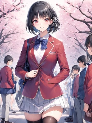 //Quality,
masterpiece, best quality, detailed
,//Character,
,HorikitaSuzune, 1girl, solo, short hair, black hair, shiny hair, red eyes, bangs, braid
,//Fashion,
school uniform, red jacket, hair ribbon, white shirt, pleated skirt, thighhighs
,//Background,
Cherry blossoms, school gate
,//Others,
graduation, smile
