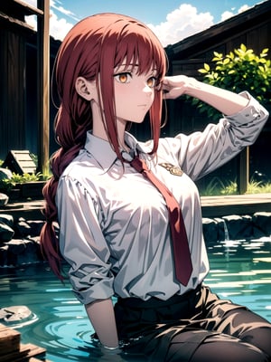//Quality,
(masterpiece), (best quality), 8k illustration
,//Character,
1girl, solo
,//Fashion,
,//Background,
onsen
,//Others,
,makima (chainsaw man), red hair, long braided hair, golden eyes, bangs, medium breasts, white shirt, necktie, stare