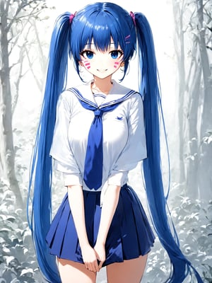 best quality, 8k, 8k UHD, ultra-high resolution, ultra-high definition, highres
,//Character, 
1girl, solo, hermit mio, long hair, blue hair, twintails, blue eyes, facial mark
,//Fashion, 
school_uniform
,//Background, 
,//Others, ,Expressiveh,
The girl standing triumphantly atop a hill, silhouetted against a beautiful sunset. She's holding a magical artifact that glows with rainbow colors. Her posture is confident, and a smile of accomplishment lights up her face. Fireflies dance around her, adding a magical touch to the scene.