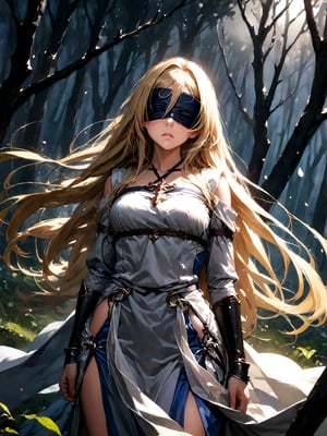 best quality, 8k, 8k UHD, ultra-high resolution, ultra-high definition, highres
,//Character, 
1girl, solo
,//Fashion, 
,//Background, 
,//Others, ,Expressiveh, 
SwordMaiden, long hair, blonde hair, blindfold, dress, 
Exhausted female warrior, torn armor, surrounded by encroaching black slimes, moonlit forest, determined expression