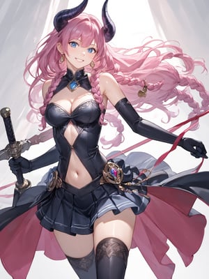 score_9,score_8_up,score_7_up,score_6_up, masterpiece, best quality
,//Character, 
1girl, solo,aura the guillotine \(frieren\)aura the guillotine \(frieren\), 1girl, blue eyes, long hair, braid, horns, medium breasts, pink hair
,//Fashion, 
jewelry, cleavage, navel cutout, bare shoulders, elbow gloves, pleated skirt, thighhighs
,//Background, white_background
,//Others,
evil smiling, holding_weapon,Expressiveh