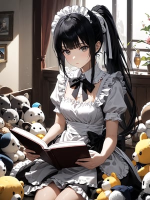 score_9,score_8_up,score_7_up,score_6_up, masterpiece, best quality, highres
,//Character, 
1girl,narberal gamma \(overlord\), long hair, black hair, glay eyes, bangs, ponytail, medium breats
,//Fashion, 
maid
,//Background, 
,//Others, ,Expressiveh, 
A young girl reading a storybook to a circle of stuffed animals, each positioned as if listening intently.