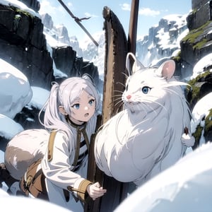 1Girl, battles with hamsters, snowy mountains, Frieren who unleash attack magic,Frieren