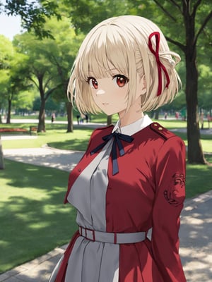 //Quality,
photo r3al, detailmaster2, masterpiece, photorealistic, 8k, 8k UHD, best quality, ultra realistic, ultra detailed, hyperdetailed photography, real photo
,//Character,
1girl, solo
,//Fashion,
,//Background,
park
,//Others,
,nishikigi chisato, bob cut, hair ribbon, lycoris uniform, two-tone dress, red dress, grey dress, neck ribbon, long sleeves