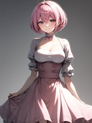 best quality, 8k, 8k UHD, ultra-high resolution, ultra-high definition, highres
,//Character, 
1girl, solo
,//Fashion, 
,//Background, 
,//Others, ,Expressiveh, 
Alural, short hair, pink hair, pink eyes, dress, smile