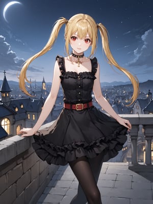 masterpiece, best quality, highres
,//Character, 
1girl, solo,AmaneMisa, twintails, blonde hair, red eyes, sidelocks
,//Fashion, 
black dress, sleeveless, bare shoulders, collarbone, choker, skirt, frills, belt, black pantyhose, cross
,//Background, 
,//Others, ,Expressiveh, 
A twin-tailed assassin girl perched on a rooftop, observing a medieval fantasy city at night.