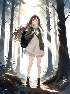 masterpiece, best quality, highres
,//Character, 
1girl, solo
,//Fashion, 
,//Background, white background
,//Others, ,Expressiveh, 
,AobaTsukuyo,
A young girl with long brown hair and bright eyes, standing at the edge of a magical forest. She's wearing a simple dress and holding a small backpack. Sunlight filters through the trees, creating a mystical atmosphere. The girl looks excited and slightly nervous.