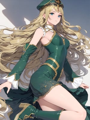 //Character, solo, Frey_VP, 1girl, blue eyes, long hair, blonde hair, 
//Fashion, hat, green dress, detached sleeves, green footwear, 
//Background, simple background, 
//Quality, (masterpiece), best quality, ultra-high resolution, ultra-high definition, highres, intricate, intricate details, absurdres, highly detailed, finely detailed, ultra-detailed, ultra-high texture quality, natural lighting, natural shadow, dramatic shading, dramatic lighting, vivid colour, perfect anatomy, 
//Others, 