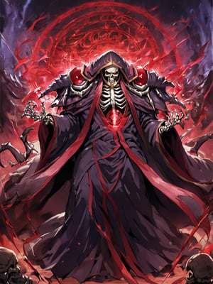 //Quality,
masterpiece, best quality, detailed
,//Character,
,ainz ooal gown \(overlord\), 1boy, solo, red eyes, skull, skeleton, glowing
,//Fashion,
hood, shoulder armor, robe
,//Background,
battle field
,//Others,
magic chant, magic circle, hands up