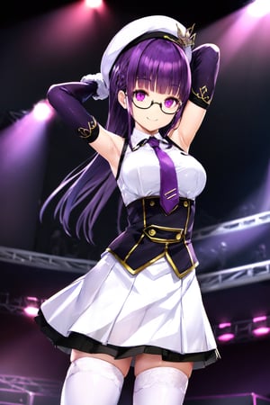 (best quality),(masterpiece),(ultra detailed),(highres),production art,solo,1girl, solo, hat, glasses, necktie, armpits, thighhighs, purple hair, smile, green-framed eyewear, looking at viewer, skirt, purple eyes, arms behind head, medium breasts, gloves, arms up, idol, breasts, bangs, stage, black thighhighs, semi-rimless eyewear, white headwear, zettai ryouiki, elbow gloves, sleeveless, stage lights, under-rim eyewear, beret, detached sleeves, standing, white skirt, shirt, ,so-bin