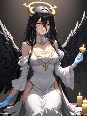 masterpiece, best quality, highres
,//Character, 
1girl, solo,albedo \(overlord\), long hair, black hair, hair between eyes, yellow eyes, horns, ahoge, black wings, feathered wings, low wings
,//Fashion, 
white gloves, white dress, bare shoulders, detached collar, cleavage, slit pupils
,//Background, 
,//Others, ,Expressiveh, 
A young priestess kneeling before a dark altar, surrounded by ominous statues and flickering candles.