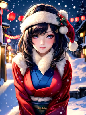 Warm lighting, beautiful Japanese girl, detailed face, shy smile, dark eyes, short bobbed hair, gorgeous hair ornament, details (dark blue silk brocade kimono), Kyoto, outdoors, winter, snow, full-length portrait, realistic ,Japanese girl, Santa Claus, Christmas, young girl, background slightly blurred,