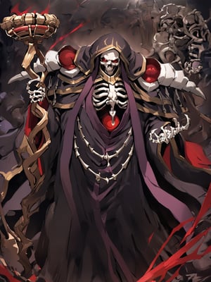 //Quality,
masterpiece, best quality, detailed
,//Character,
solo,
,//Fashion,
,//Background,
,//Others,
,ainz ooal gown \(overlord\), 1boy, red eyes, skull, skeleton, hood, shoulder armor, robe, staff