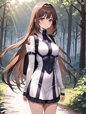 A young girl with long brown hair and bright eyes, standing at the edge of a magical forest. She's wearing a simple dress and holding a small backpack. Sunlight filters through the trees, creating a mystical atmosphere. The girl looks excited and slightly nervous.
best quality, 8k, 8k UHD, ultra-high resolution, ultra-high definition, highres
,//Character, 
1girl, solo
,//Fashion, 
,//Background, 
,//Others, ,Expressiveh,
elhaym_van_houten, long hair, brown hair, purple eyes, dress