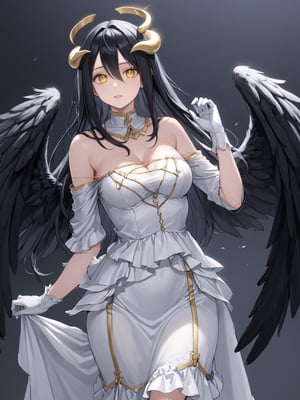 masterpiece, best quality, highres
,//Character, 
1girl, solo,albedo \(overlord\), long hair, black hair, hair between eyes, yellow eyes, horns, ahoge, black wings, feathered wings, low wings
,//Fashion, 
white gloves, white dress, bare shoulders, detached collar, cleavage, slit pupils
,//Background, 
,//Others, ,Expressiveh, 
A young girl with heterochromatic eyes, wearing an elaborate gothic lolita dress, standing confidently in a grand throne room.