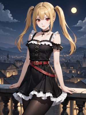 masterpiece, best quality, highres
,//Character, 
1girl, solo,AmaneMisa, twintails, blonde hair, red eyes, sidelocks
,//Fashion, 
black dress, sleeveless, bare shoulders, collarbone, choker, skirt, frills, belt, black pantyhose, cross
,//Background, 
,//Others, ,Expressiveh, 
A twin-tailed assassin girl perched on a rooftop, observing a medieval fantasy city at night.