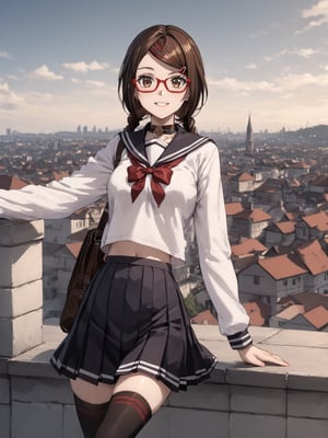 masterpiece, best quality, 8k, 8k UHD, ultra-high resolution, ultra-high definition, highres
,//Character, 
1girl, solo,SakimiyaMisaki, brown hair, twin braids, brown eyes, glasses, red-framed eyewear
,//Fashion, 
school uniform, hair ornament, hairclip, pleated skirt, black thighhighs
,//Background, 
,//Others, ,Expressiveh, 
A twin-tailed assassin girl perched on a rooftop, observing a medieval fantasy city at night.
, weapon, holding_weapon