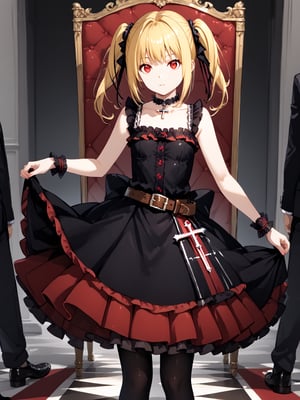 masterpiece, best quality, highres
,//Character, 
1girl, solo,AmaneMisa, twintails, blonde hair, red eyes, sidelocks
,//Fashion, 
black dress, sleeveless, bare shoulders, collarbone, choker, skirt, frills, belt, black pantyhose, cross
,//Background, 
,//Others, ,Expressiveh, 
A young girl with heterochromatic eyes, wearing an elaborate gothic lolita dress, standing confidently in a grand throne room.