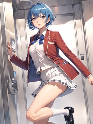 //Quality,
masterpiece, best quality, detailed
,//Character,
, IbukiMio, 1girl, solo, breasts, short hair, bangs, blue eyes, blue hair, purple eyes, ahoge, shiny hair
,//Fashion,
school uniform, red jacket, open clothes, blue bow, collared shirt, pleated skirt, black footwear, white socks
,//Background,
Elevator, closed room, sweaty summer, kicking the door
,//Others,
