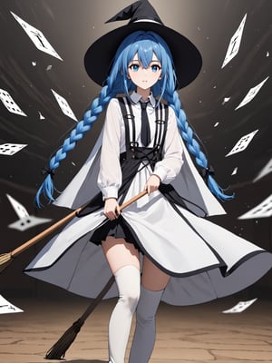 score_9,score_8_up,score_7_up,score_6_up, masterpiece, best quality, highres
,//Character, 
1girl, solo,roxy migurdia, long hair, blue hair, blue eyes, hair between eyes, twin braids, crossed bangs, black ribbon, ahoge
,//Fashion, 
white collar, white shirt, brown cape, brown sleeves, long sleeves, black necktie, white dress, pinafore dress, zettai ryouiki, white thigh boots
,//Background, 
,//Others, ,Expressiveh,2b-Eimi,
A girl riding a giant pencil like a witch's broomstick, soaring through a sky filled with floating mathematical equations.