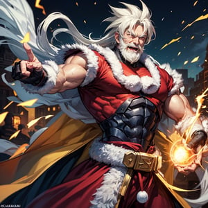 masterpiece,best quality,highly detailed, Santa, white beard, gentle smile,a character who is getting power from energy coming from his hand is seen, super saiyan, 1boy, solo, male focus, aura, open mouth, muscular,kamehameha,charging,