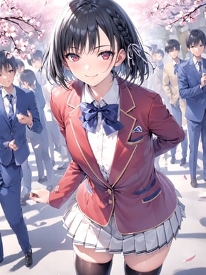 //Quality,
masterpiece, best quality, detailed
,//Character,
,HorikitaSuzune, 1girl, solo, short hair, black hair, shiny hair, red eyes, bangs, braid
,//Fashion,
school uniform, red jacket, hair ribbon, white shirt, pleated skirt, thighhighs
,//Background,
Cherry blossoms, school gate
,//Others,
graduation, smile