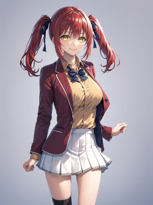 //Quality,
masterpiece, best quality, detailed
,//Character,
1girl, solo, AmasawaIchika, yellow eyes, red hair, twintails, medium breasts, bangs, hair between eyes, shiny hair, 
,//Fashion,
school uniform, red jacket, blazer, open jacket, long sleeves, open clothes, collared shirt, brown shirt, blue bowtie, hair ribbon, red ribbon, pleated skirt, white skirt, miniskirt, black footwear, black socks, loafers
,//Background,
,//Others,
standing, full body, closed mouth, smile