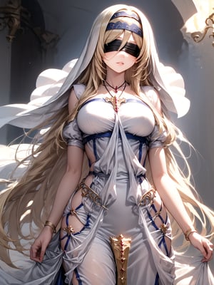 best quality, 8k, 8k UHD, ultra-high resolution, ultra-high definition, highres
,//Character, 
1girl, solo
,//Fashion, 
,//Background, 
,//Others, ,Expressiveh, 
SwordMaiden, long hair, blonde hair, blindfold, dress, 
Knight with long blonde hair slashing at multiple small black slimes, village houses in the distance, determination in her eyes