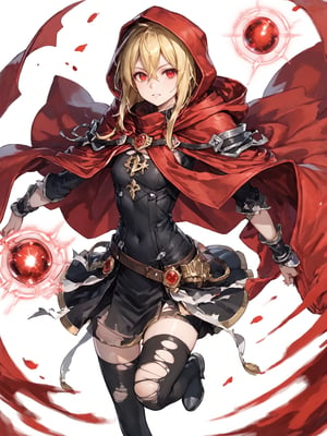 score_9,score_8_up,score_7_up,score_6_up, masterpiece, best quality, 8k, 8k UHD, ultra-high resolution, ultra-high definition, highres
,//Character, 
1girl, solo,Evileye \(overlord\), blonde hair, red eyes, hair between eyes, small breasts
,//Fashion, 
hood, black dress, torn clothes, covered navel, red cloak, hooded cloak, black thighhighs, torn thighhighs, 
hood up
,//Background, white_background
,//Others, ,Expressiveh,
dynamic pose, energy ball charging