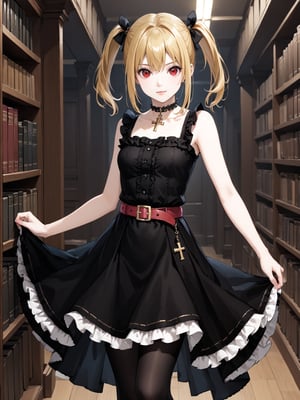 masterpiece, best quality, highres
,//Character, 
1girl, solo,AmaneMisa, twintails, blonde hair, red eyes, sidelocks
,//Fashion, 
black dress, sleeveless, bare shoulders, collarbone, choker, skirt, frills, belt, black pantyhose, cross
,//Background, 
,//Others, ,Expressiveh, 
A young magic caster girl practicing spells in a vast library filled with ancient tomes and magical artifacts.