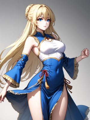 best quality, 8k, 8k UHD, ultra-high resolution, ultra-high definition, highres
,//Character, 
1girl, solo
,//Fashion, 
,//Background, 
,//Others, ,Expressiveh, 
priestess, long hair, blonde hair, blue eyes, dress,
A female martial artist demonstrating a complex kata, her gi in motion