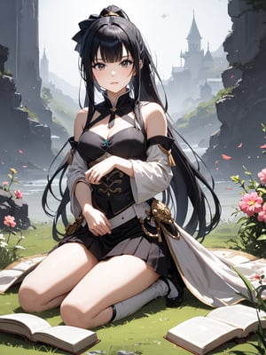 score_9,score_8_up,score_7_up,score_6_up, masterpiece, best quality, highres
,//Character, 
1girl,narberal gamma \(overlord\), long hair, black hair, glay eyes, bangs, ponytail, medium breats
,//Fashion, 

,//Background, 
,//Others, ,Expressiveh, 
A tiny girl sitting on a massive book, using a blade of grass as a slide to reach the ground filled with oversized flowers.