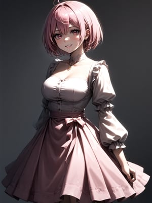 best quality, 8k, 8k UHD, ultra-high resolution, ultra-high definition, highres
,//Character, 
1girl, solo
,//Fashion, 
,//Background, 
,//Others, ,Expressiveh, 
Alural, short hair, pink hair, pink eyes, dress, smile