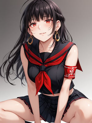 best quality, 8k, 8k UHD, ultra-high resolution, ultra-high definition, highres
,//Character, 
1girl, solo
,//Fashion, 
,//Background, 
,//Others, ,Expressiveh, 
AgakuraMajiri, 1girl, solo, long hair, black hair, red eyes, hoop earrings, black serafuku, sailor collar, black shirt, red neckerchief, armband, pleated skirt, black skirt