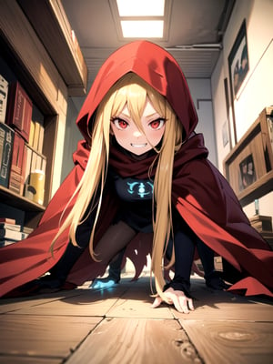 //Quality,
(masterpiece), (best quality), 8k illustration
,//Character,
1girl, solo, grin
,//Fashion,
,//Background,
indoors, bed
,//Others,
crawling on all fours, aiming for prey, ,evileye_overlord, blonde hair, red eyes, cape, torn clothes, cloak, hooded cloak