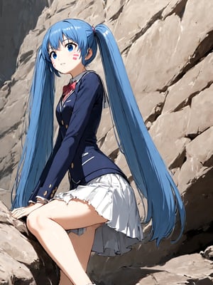 best quality, 8k, 8k UHD, ultra-high resolution, ultra-high definition, highres
,//Character, 
1girl, solo, hermit mio, long hair, blue hair, twintails, blue eyes, facial mark
,//Fashion, 
school_uniform
,//Background, 
,//Others, ,Expressiveh,
The girl climbing a steep, rocky cliff face. Her dress is slightly torn, and her hair is windswept. She's reaching for a handhold, determination evident on her face. Dark storm clouds gather in the background, adding drama to the scene.