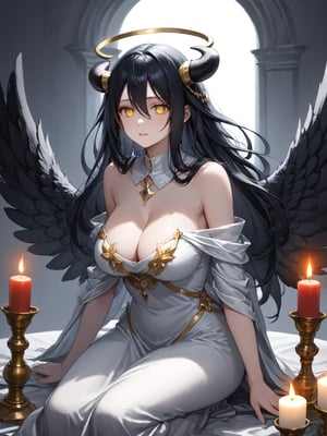 masterpiece, best quality, highres
,//Character, 
1girl, solo,albedo \(overlord\), long hair, black hair, hair between eyes, yellow eyes, horns, ahoge, black wings, feathered wings, low wings
,//Fashion, 
white gloves, white dress, bare shoulders, detached collar, cleavage, slit pupils
,//Background, 
,//Others, ,Expressiveh, 
A young priestess kneeling before a dark altar, surrounded by ominous statues and flickering candles.