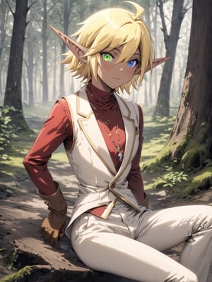 //Quality,
masterpiece, best quality, detailed
,//Character,
solo,Aura Bella Fiora \(overlord\), 1girl, short hair, blonde hair, hair between eyes, blue eyes, green eyes, heterochromia, pointy ears, dark skin, elf, ahoge
,//Fashion,
red shirt, long sleeves, brown gloves, necklace, white vest, white pants, brown footwear
,//Background,
forest
,//Others,