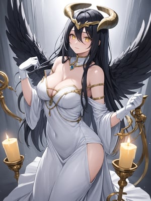 masterpiece, best quality, highres
,//Character, 
1girl, solo,albedo \(overlord\), long hair, black hair, hair between eyes, yellow eyes, horns, ahoge, black wings, feathered wings, low wings
,//Fashion, 
white gloves, white dress, bare shoulders, detached collar, cleavage, slit pupils
,//Background, 
,//Others, ,Expressiveh, 
A young priestess kneeling before a dark altar, surrounded by ominous statues and flickering candles.